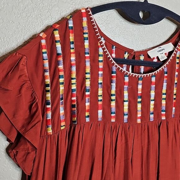 Entro Rust Red Tiered Dress with Colorful Rainbow Embroidered Stripes Small - Picture 3 of 9